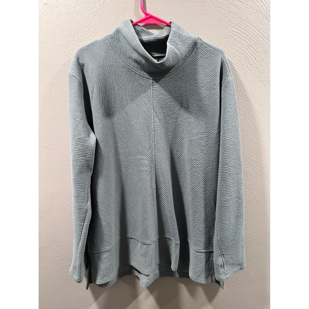 Womens Textured Mock Neck Pullover Sweatshirt Gray Blue Thumbholes
